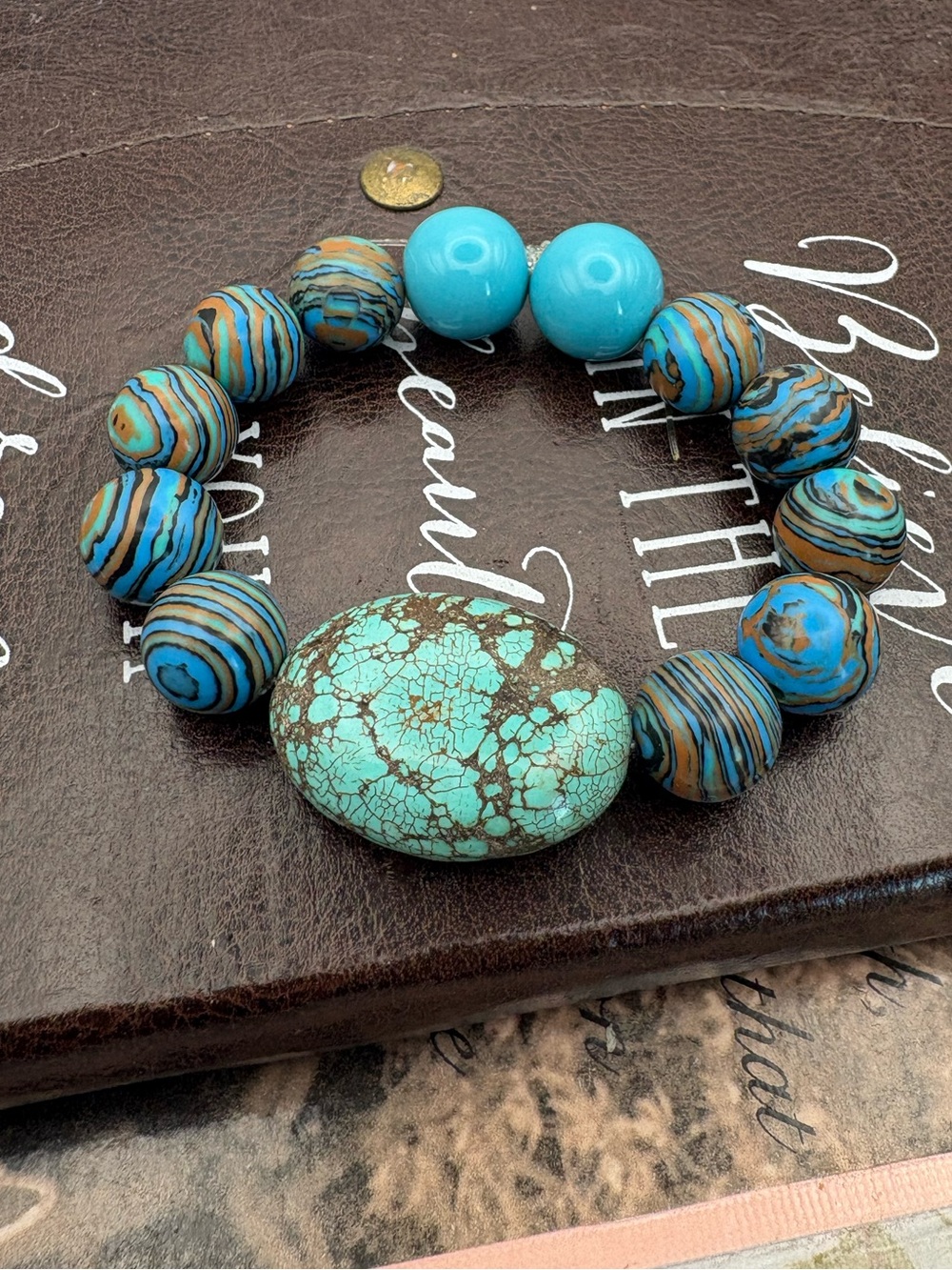 Vintage Turquoise Statement Stretch Bracelet Southwestern Boho Artisan